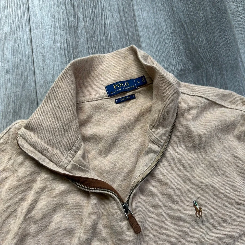 Polo Ralph Lauren 1/4 Zip Beige Cotton Pullover Sweater Men's L Estate rib